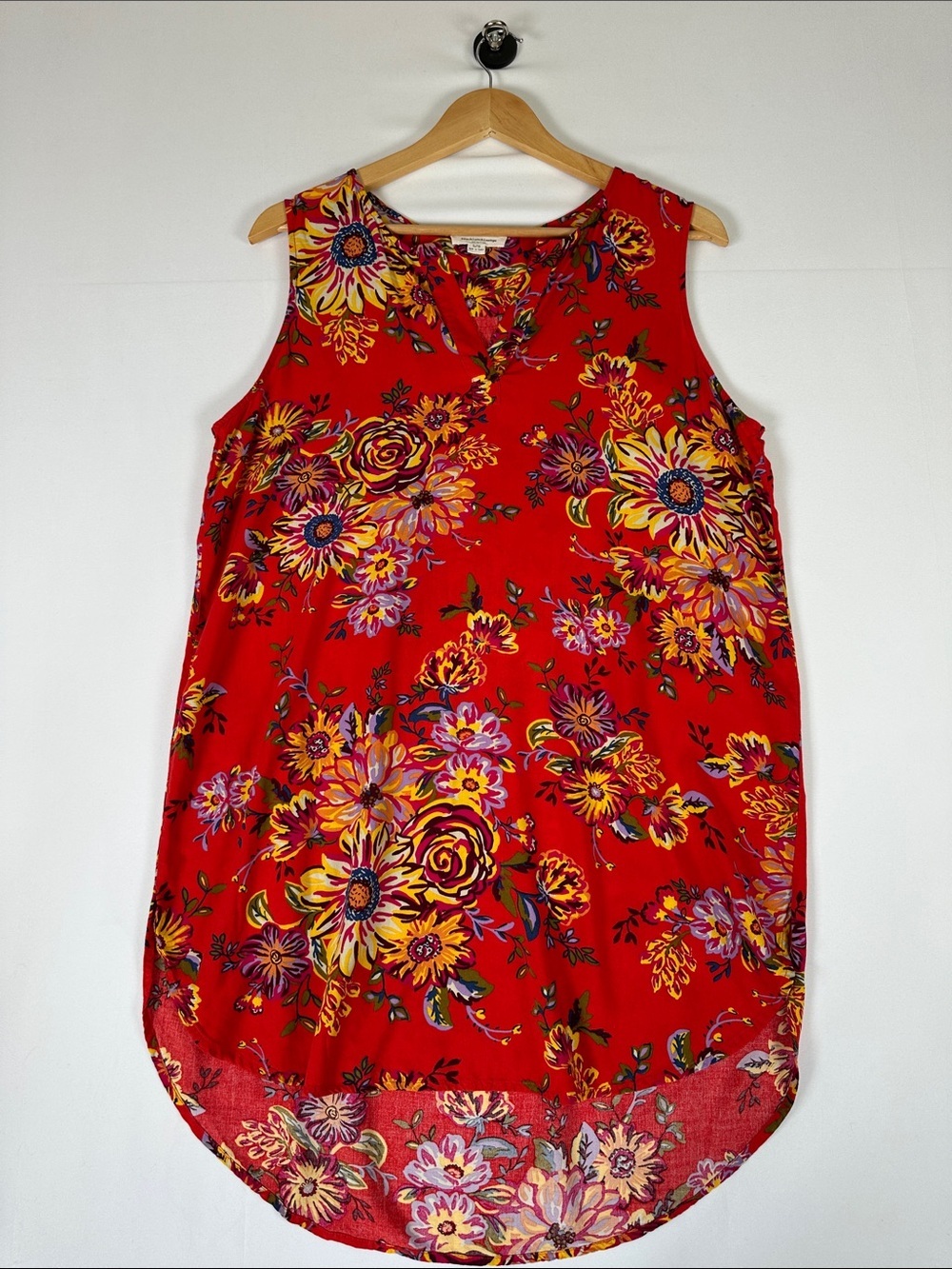 BeachLunchLounge Floral Tunic Mini Dress Red Sleeveless L Vacation Resortwear
